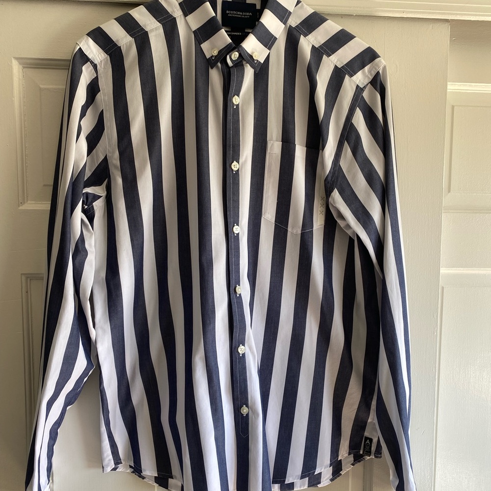 Scotch & Soda Navy and White Striped Casual Button Down Shirt